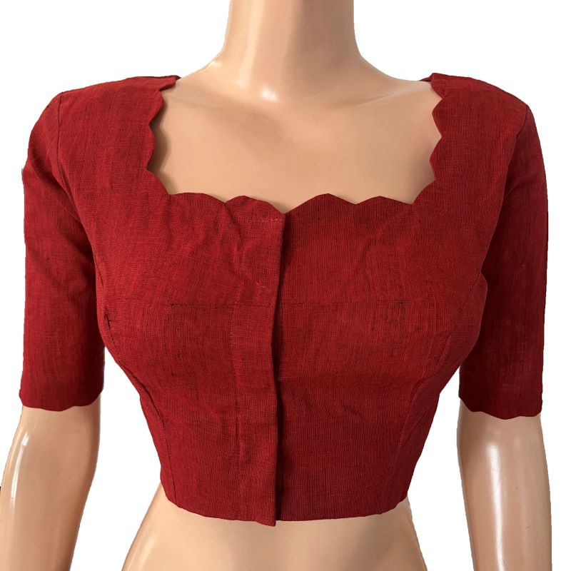 Jacquard Cotton Scallop neck Blouse with Lining, Blue, BH1258 – Scarlet  Thread