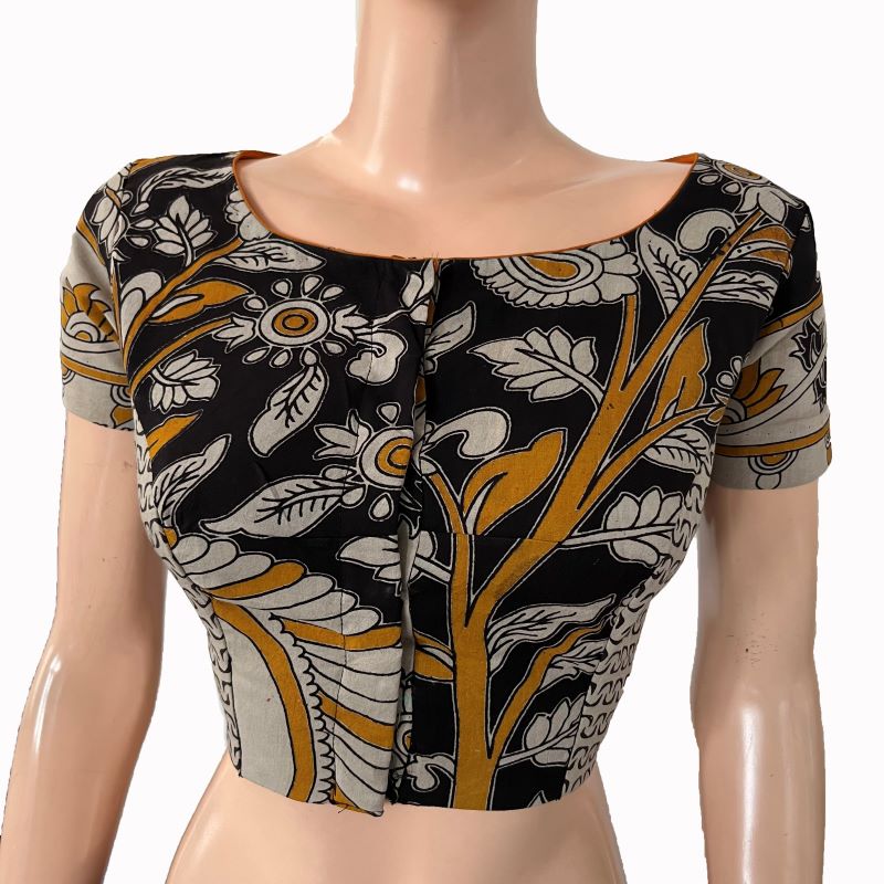 Kalamkari Cotton Boat neck Blouse with Short Sleeves & Lining ,Black-Y –  Scarlet Thread