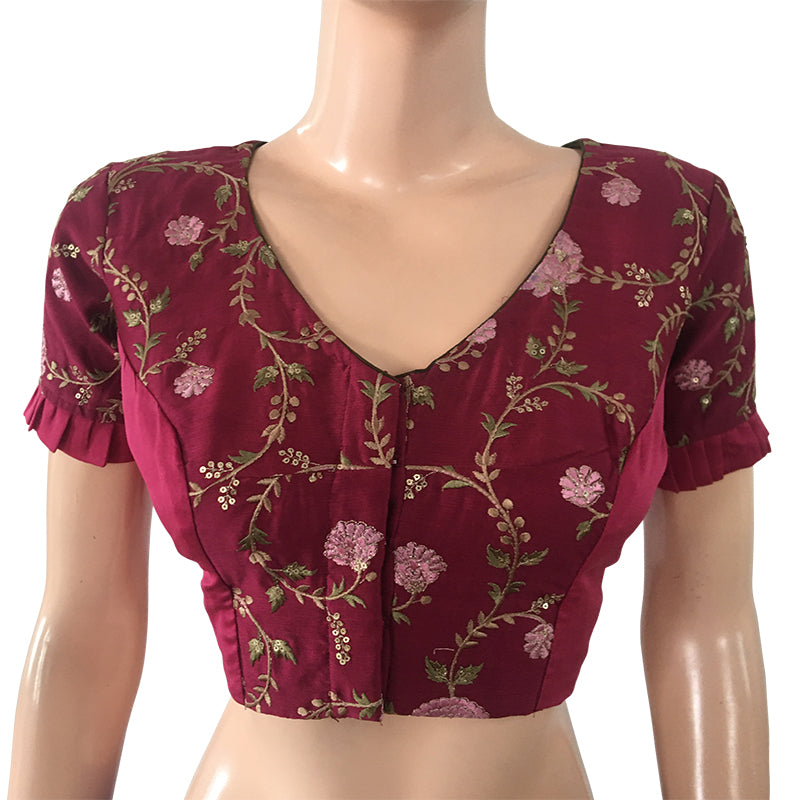 Pure Chanderi Silk Embroidered V neck Blouse with Frilled Short Sleeve –  Scarlet Thread