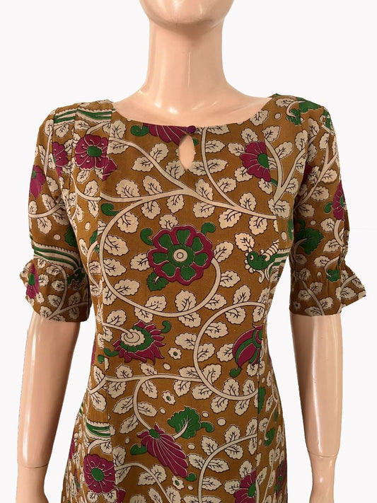 Kalamkari Cotton Paneled Boat neck Kurta with Ruffle Sleeves, Mustard- Brown,  KK1088