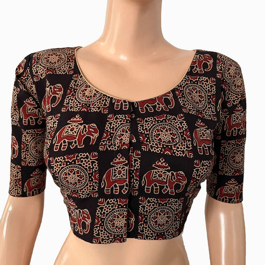 Ajrakh Cotton  Round neck Blouse,   Black,  BA1138