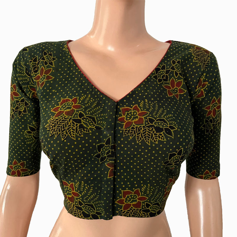 Ajrakh Cotton  V neck Blouse,   Bottle Green,  BA1140