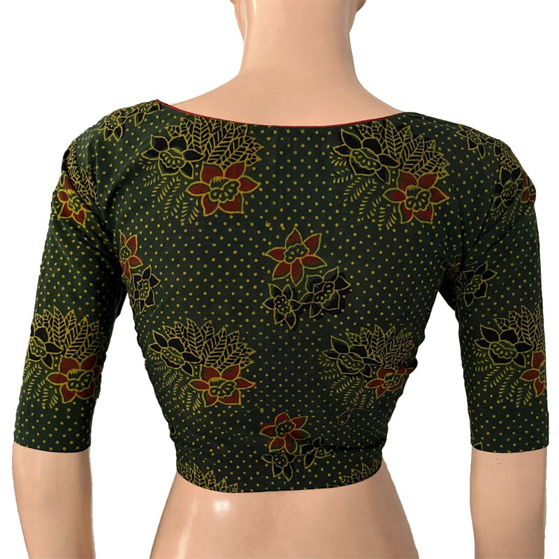 Ajrakh Cotton  V neck Blouse,   Bottle Green,  BA1140