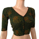 Ajrakh Cotton  V neck Blouse,   Bottle Green,  BA1140