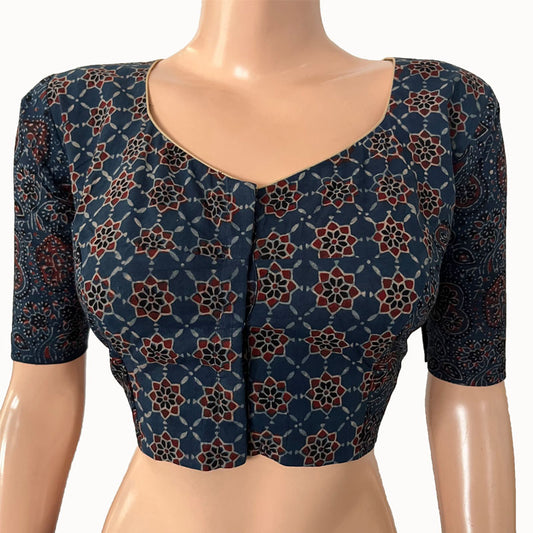 Ajrakh Cotton  Sweetheart neck Blouse,   Indigo blue,  BA1150