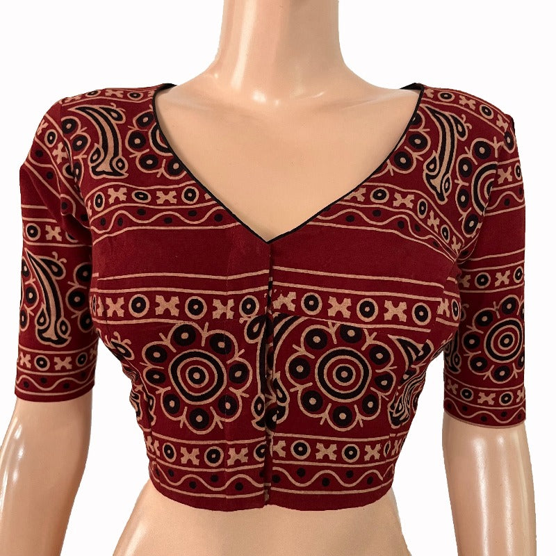 Ajrakh Cotton  V neck Blouse , Maroon,  BA1164