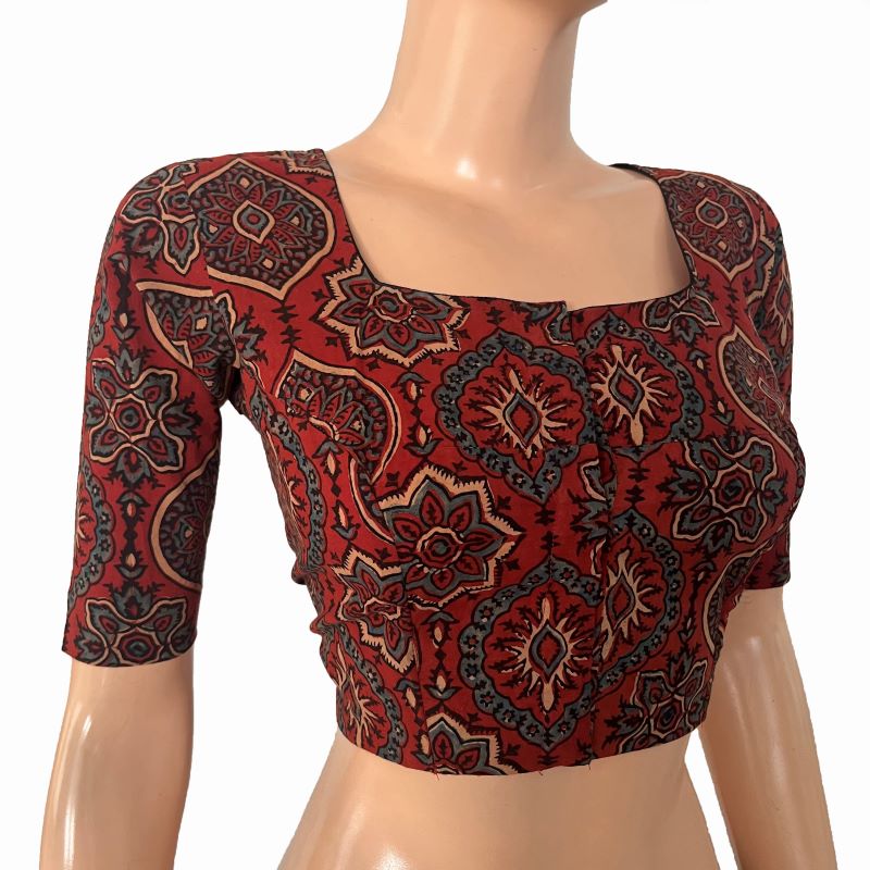 Ajrakh Cotton Square neck Blouse, Rust ,  BA1168