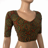 Ajrakh Cotton Sweetheart neck Blouse, Rust- Green ,  BA1169