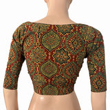 Ajrakh Cotton Sweetheart neck Blouse, Rust- Green ,  BA1169