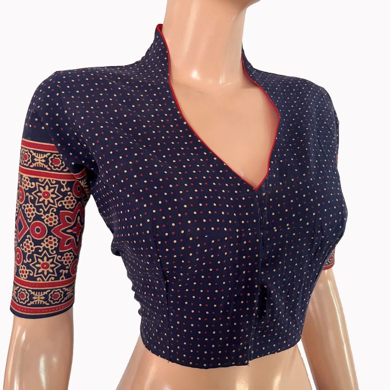 Ajrakh Cotton High Neck Blouse , Navy Blue ,BA1175