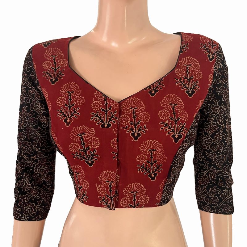 Ajrakh Cotton Sweetheart Neck Blouse with 3/4 Sleeves , Maroon- Black , BA1179