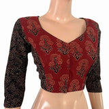 Ajrakh Cotton Sweetheart Neck Blouse with 3/4 Sleeves , Maroon- Black , BA1179