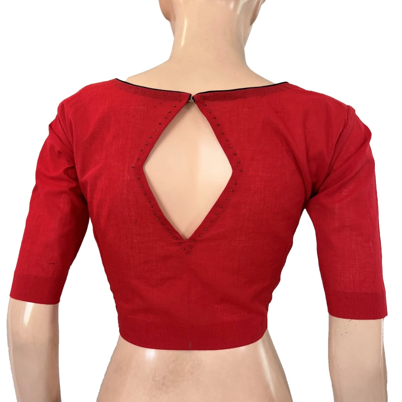 South Cotton V neck Blouse, Keyhole back with Bead work ,  Red, BH1163