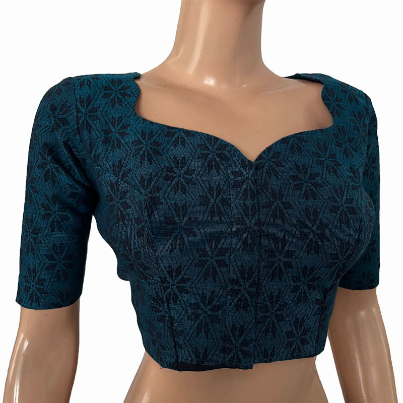 Jacquard Cotton  Scallop neck Blouse with Lining,  Blue,  BH1258