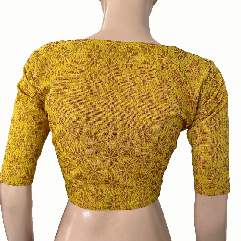 Jacquard Cotton Diamond neck Blouse with Lining,  Yellow,  BH1262