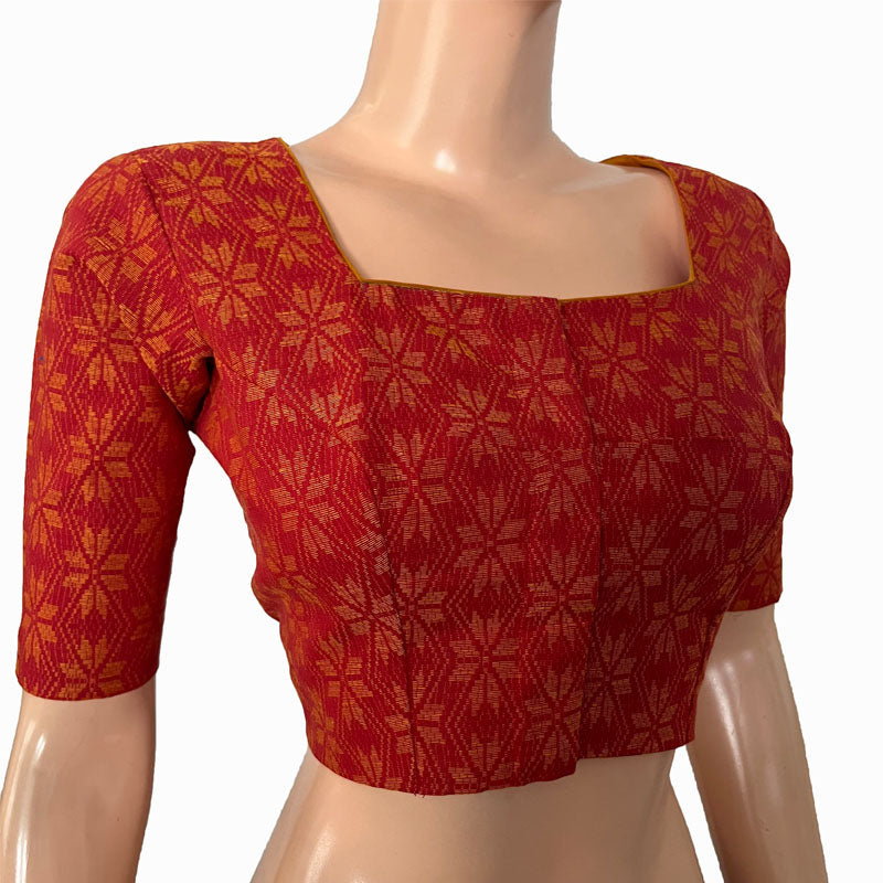 Jacquard Cotton Square neck Blouse with Lining,  Orange,  BH1264