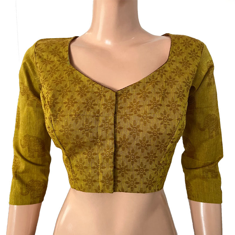 Jacquard Cotton Sweetheart neck Blouse wit Lining, Mustard, BH1268