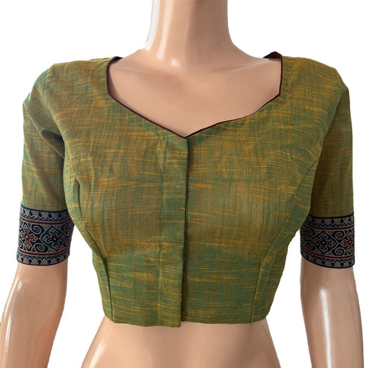 Slub Cotton Sweetheart neck Blouse with Ajrakh Patches, Olive Green, BH1272