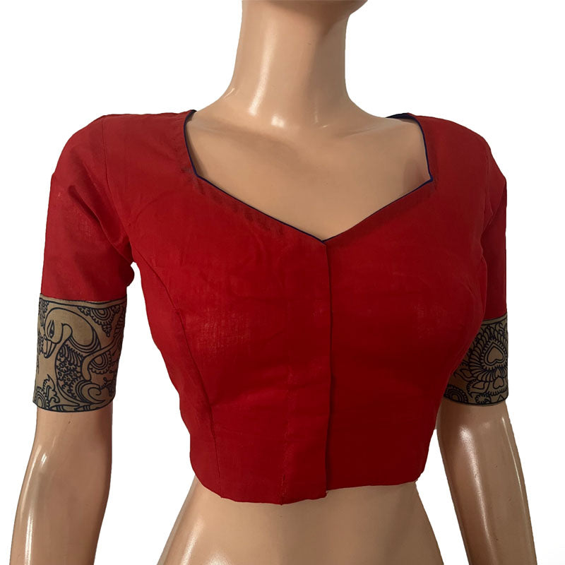 South Cotton Sweetheart neck Blouse with Kalamkari Patches,  Red, BH1273