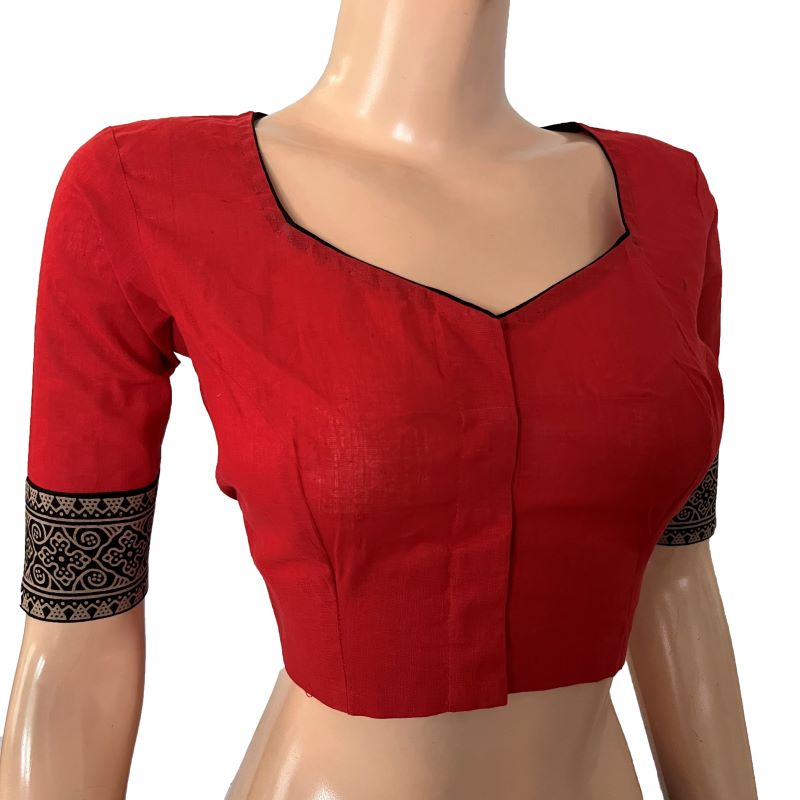 South Cotton Sweetheart neck Blouse with Ajrakh Patches,Red , BH1280