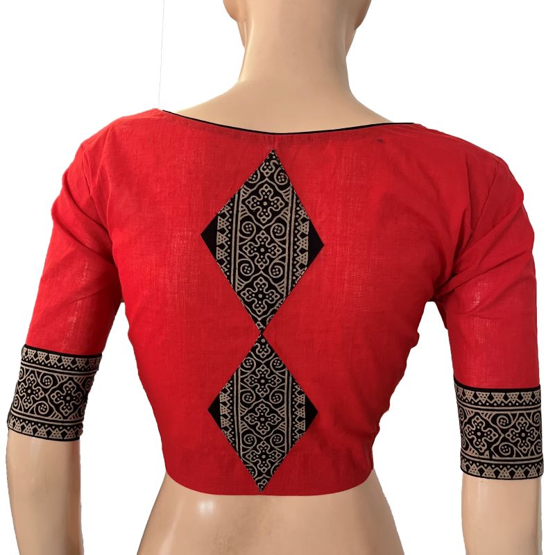 South Cotton Sweetheart neck Blouse with Ajrakh Patches,Red , BH1280