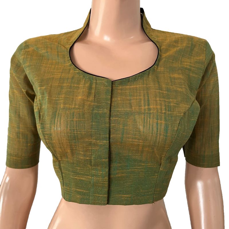 Slub Cotton High neck Blouse ,Green , BH1286