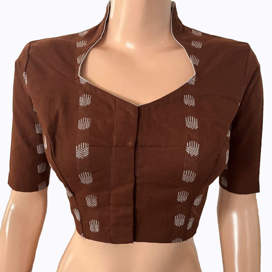 Jacquard Cotton High neck Blouse with lining , Brown, BH1290