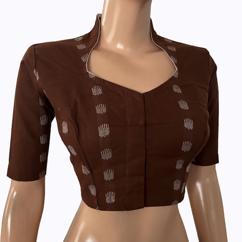 Jacquard Cotton High neck Blouse with lining , Brown, BH1290