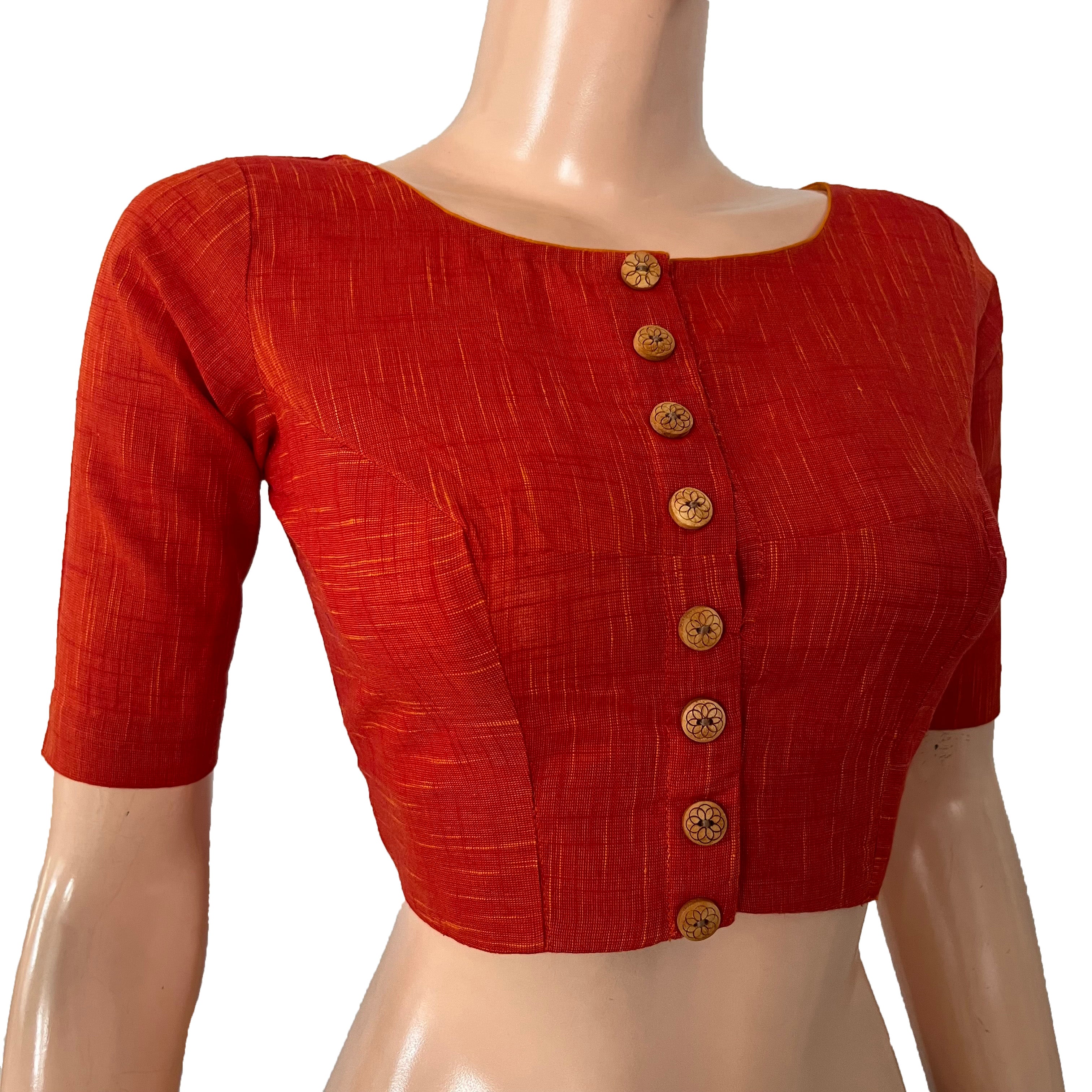 Slub Cotton Boat neck Blouse with Wooden Button Details, Rust  BH1291