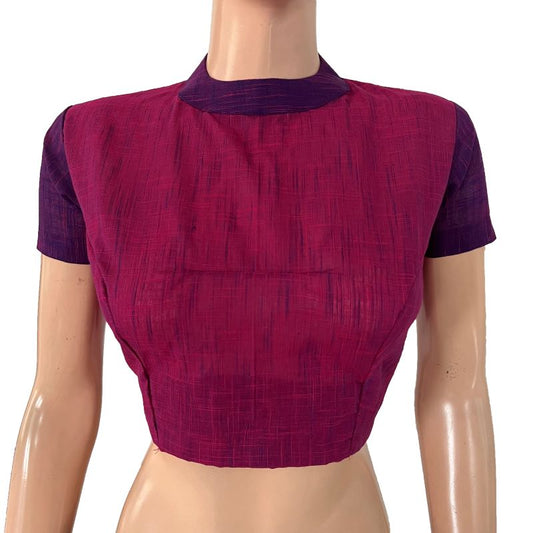 Handloom Slub Cotton Close Collar Back open Blouse with Triangular Opening  & Short Sleeves ,Majentha-Purple , BH1295