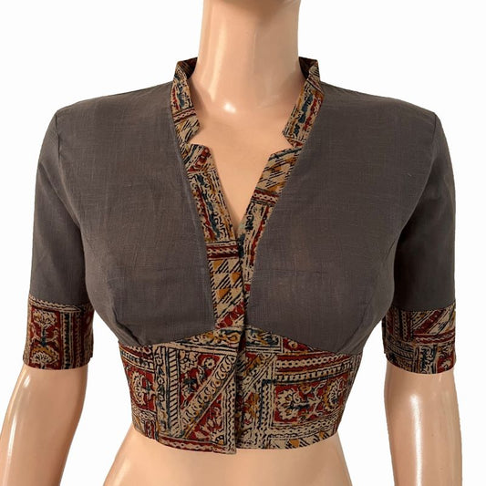 Handloom Flex Cotton V-collar neck Blouse with Kalamkari Patches,Grey, BH1298