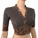 Handloom Flex Cotton V-collar neck Blouse with Kalamkari Patches,Grey, BH1298