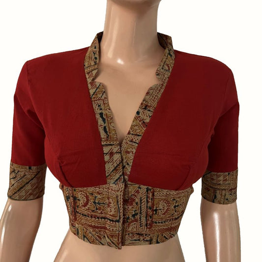 Handloom Flex Cotton V-collar neck Blouse with Kalamkari patches, Red , BH1299