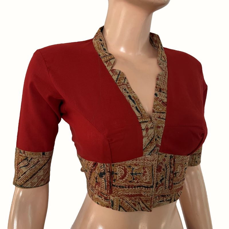 Handloom Flex Cotton V-collar neck Blouse with Kalamkari patches, Red -Maroon  , BH1299