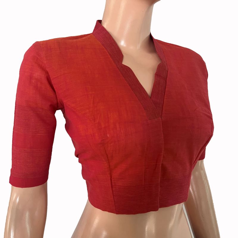 Handloom Woven Cotton V-collar Blouse , Rust- Orange , BH1301