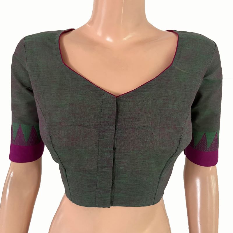 Mangalgiri Cotton Sweetheart neck Blouse with Woven Thread Border, Green-Purple Dual Tone, BH1302