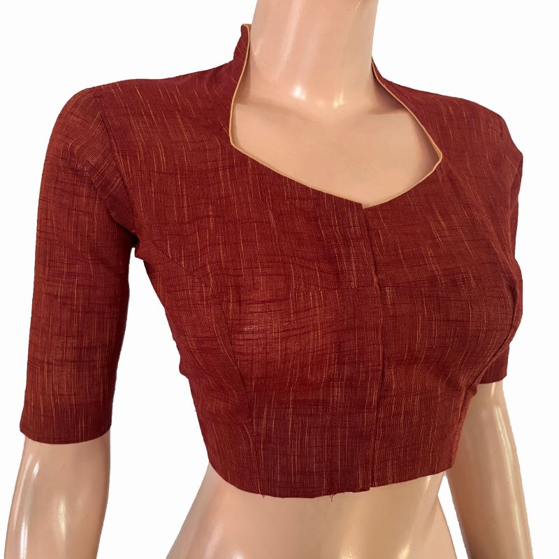 Handloom Slub Cotton High  neck Blouse , Brown , BH1304