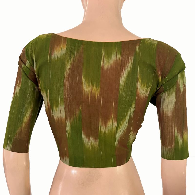 Mangalgiri Tie-Dye Cotton V- neck Blouse , Green-brown , BH1305