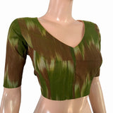 Mangalgiri Tie-Dye Cotton V- neck Blouse , Green-brown , BH1305