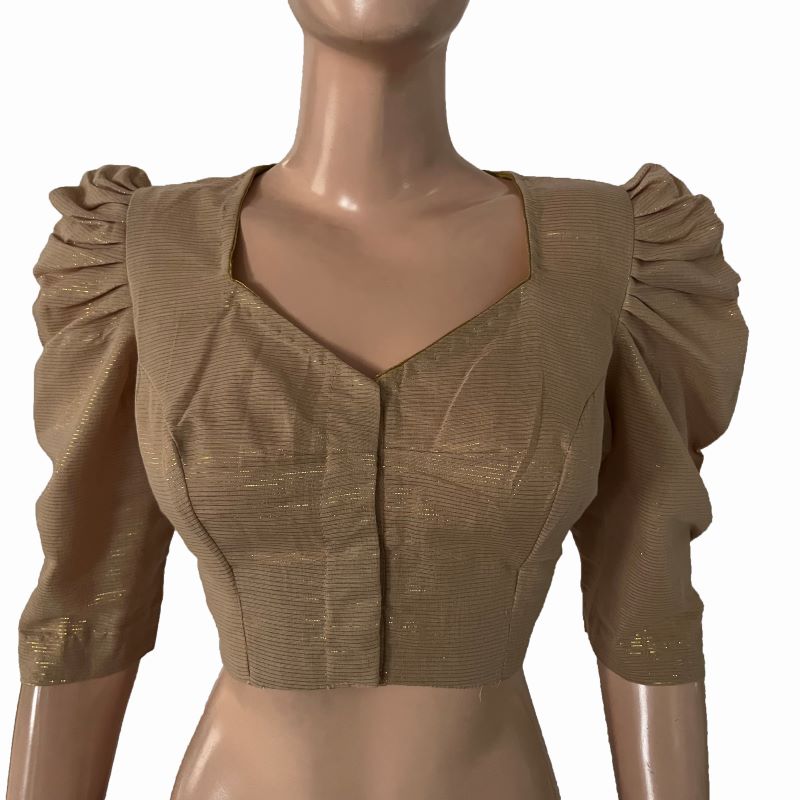 Zari woven  Shimmer Blouse with Sweetheart neck and Gathered Sleeves with Lining , Beige , BH1306