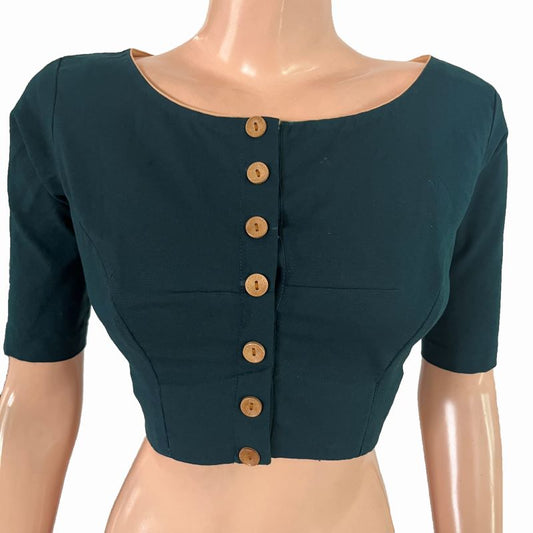 South Cotton Boat Neck Blouse with Wooden Button Details ,Teel Green, BH1310