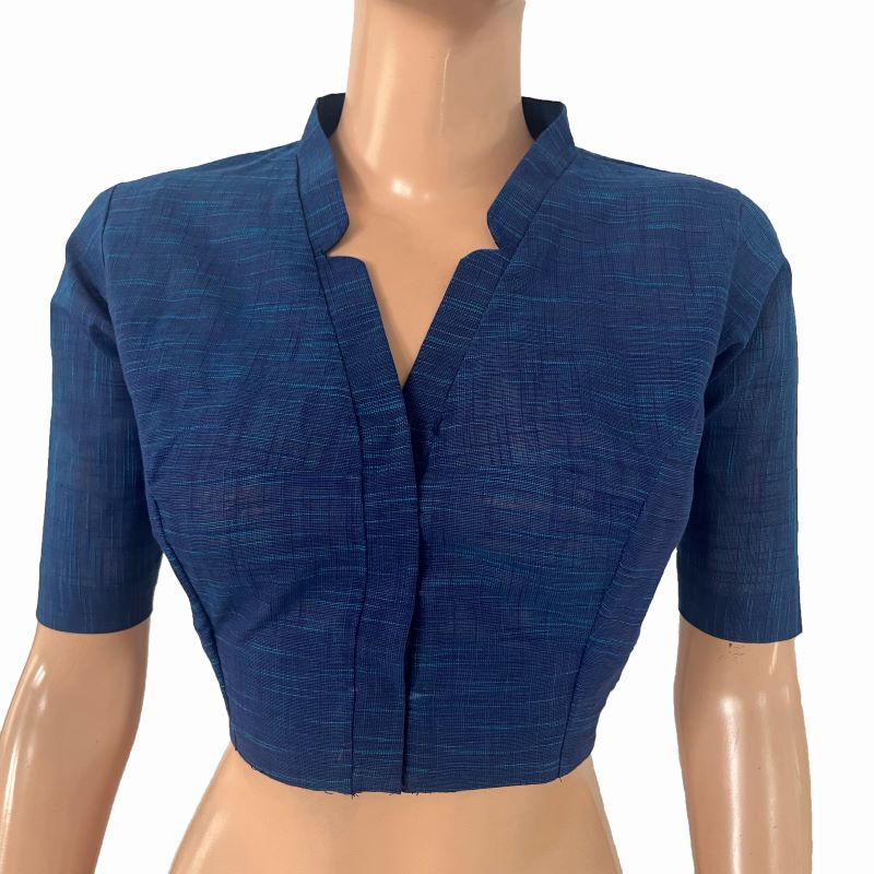 Slub Cotton V- Collar  Blouse ,Blue , BH1311