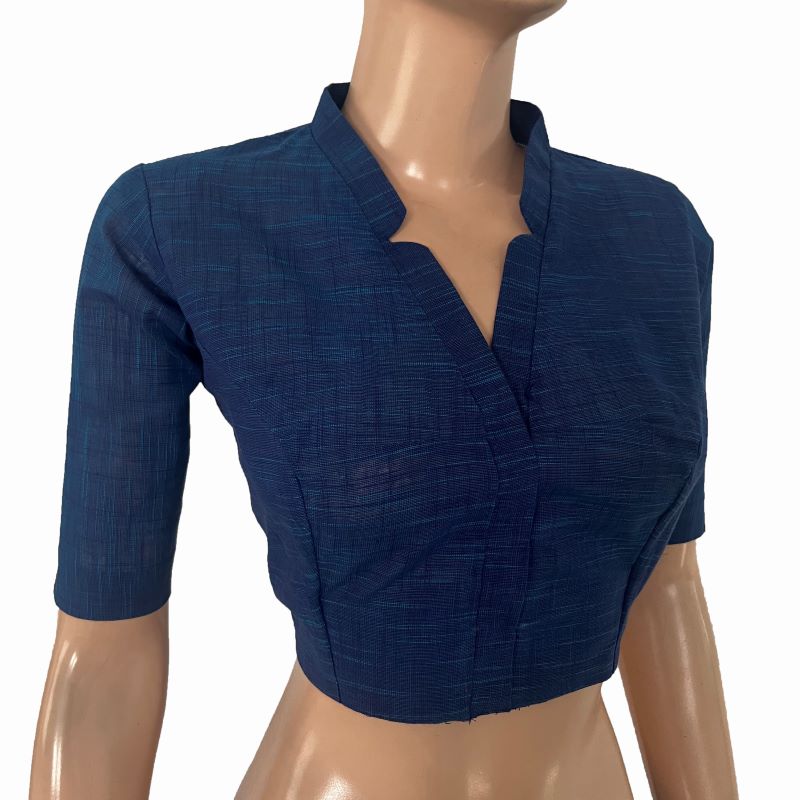 Slub Cotton V- Collar  Blouse ,Blue , BH1311