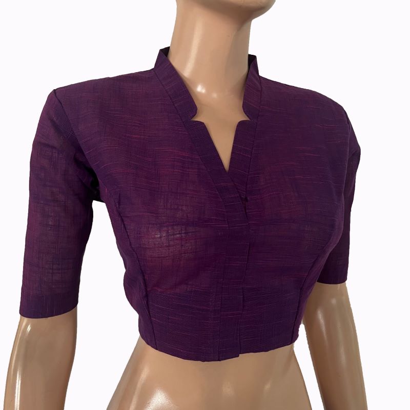 Slub Cotton V Collar  Blouse ,Purple , BH1312