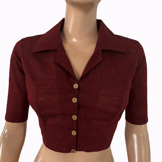 South Cotton Shirt Collar Blouse with Wooden Button Details ,Maroon , BH1315