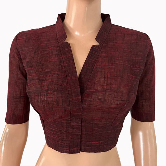 Slub Cotton V Collar Blouse ,Maroon, BH1318