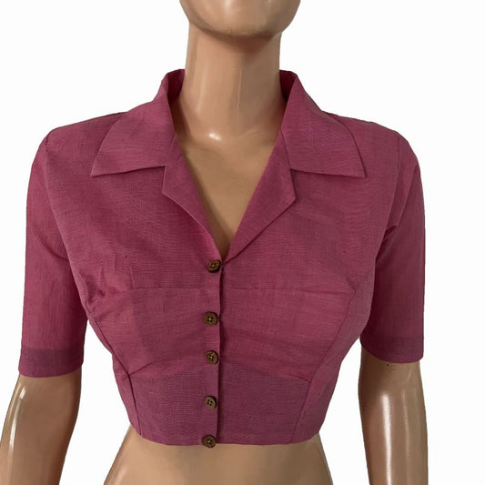 South Cotton Shirt Collar Blouse with Wooden Button Details ,Pink , BH1319