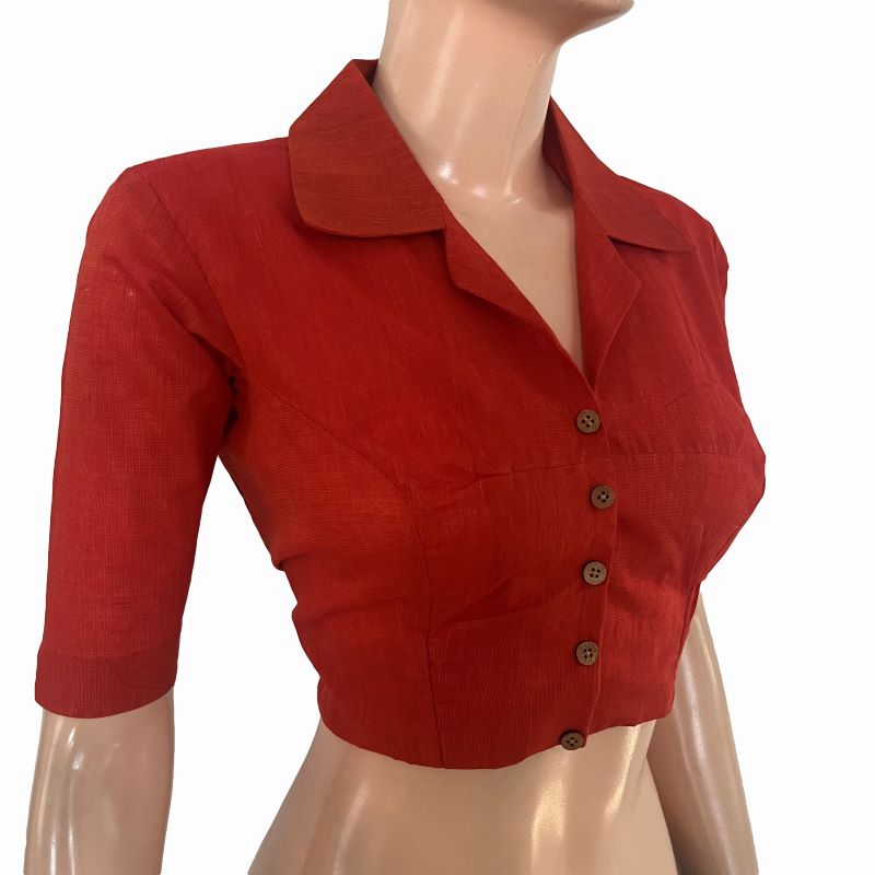 South Cotton Shirt Collar Blouse with Wooden Button Details  , Rust - Orange , BH1322