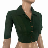 South Cotton Shirt Collar Blouse with Wooden Button Details  , Bottle Green , BH1324