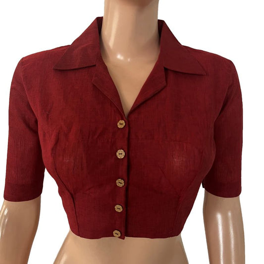 South Cotton Shirt Collar Blouse with Wooden Button Details  , Red- Maroon , BH1325